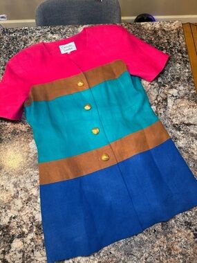 Vintage 1980s Constance Saunders Colorblock Shell in Bright Pink, Blue, & Brown
